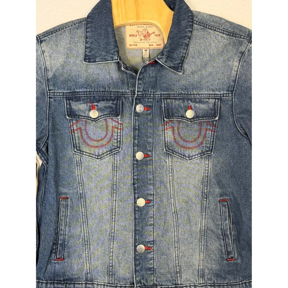 True Religion Denim Trucker Jacket Mens Large Medium Blue Quartz Wash  Print NEW